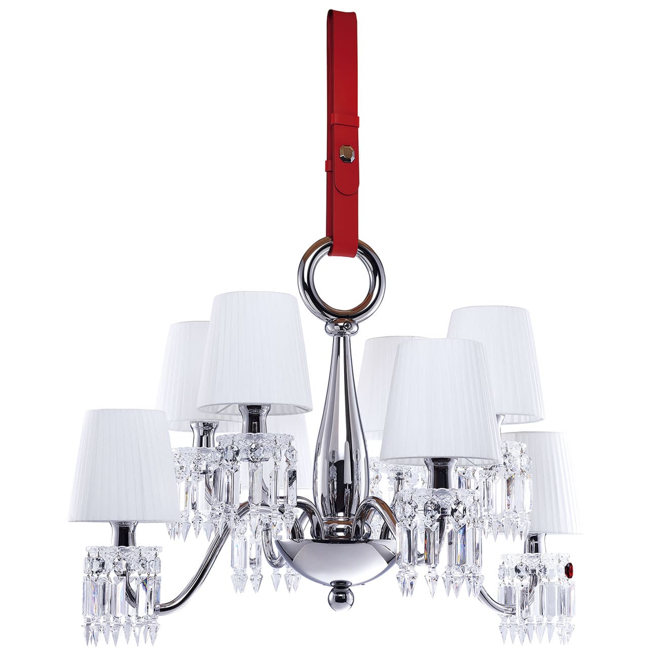 《ゼニス ノマド シャンデリア 8L》シルバー3,949,000円、レザーベルト330,000円。6灯、8灯は脚が取り外し可能。別売りのレザーベルトでペンダントとしても楽しめます。