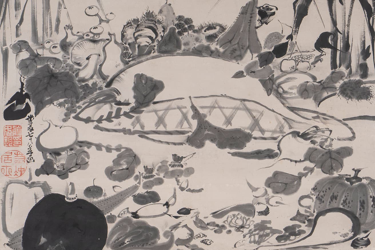 個人蔵の伊藤若冲《果蔬涅槃図》（部分）も初公開作品だ。大根のブッダをカブやヘチマ、カボチャなどが取り囲む。個人蔵。