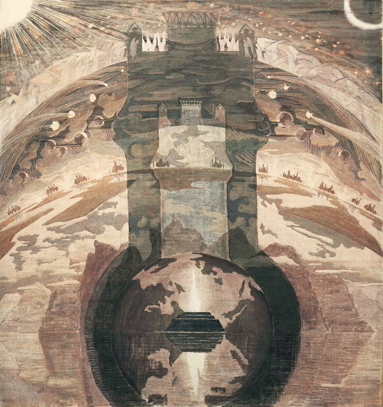 《レックス（王）》1909年、テンペラ/カンヴァス　晩年の、最大の作品。地球の上の玉座に王の姿が二重に描かれる。火・水・大地・大気の四大元素が描かれているようと朝倉さんは指摘する。