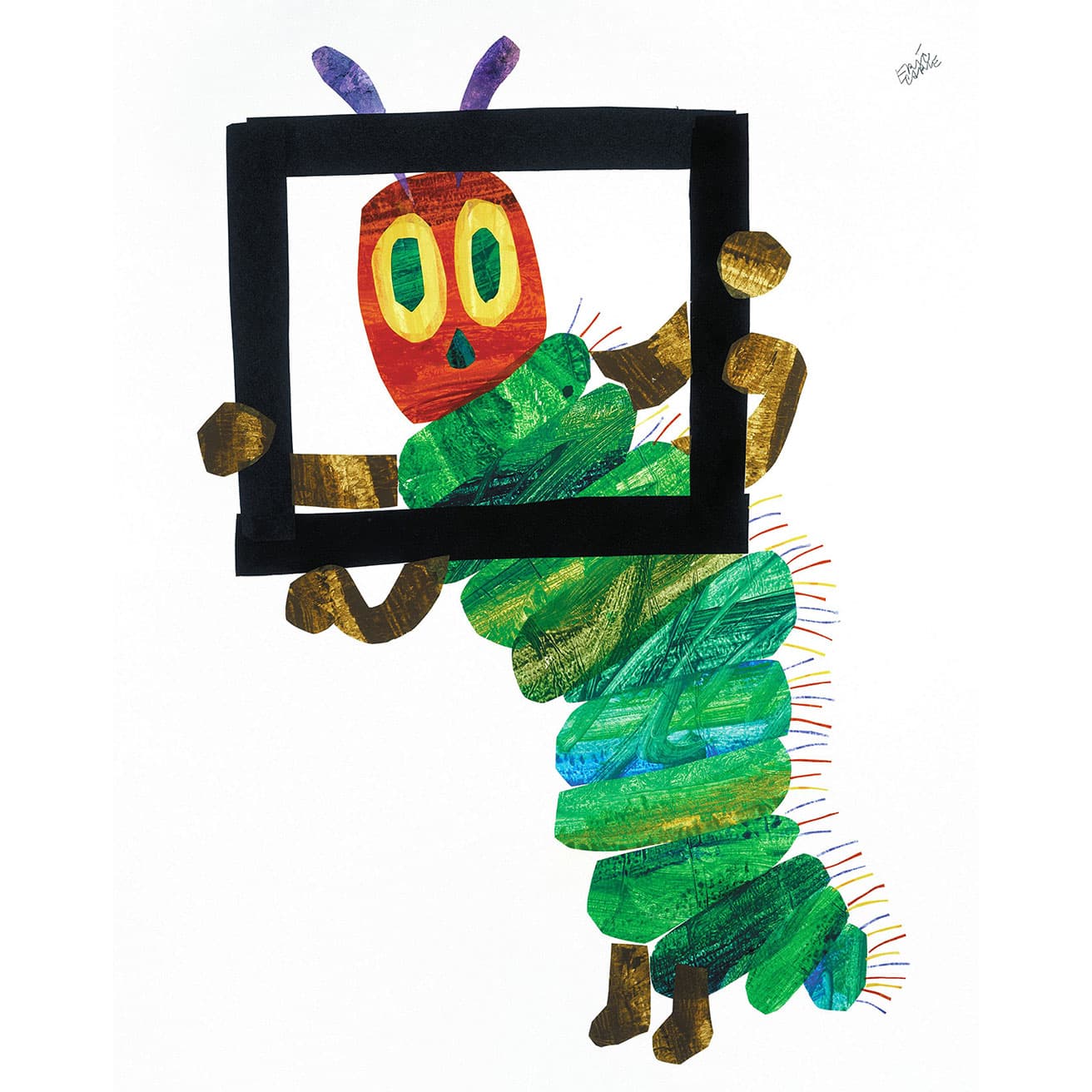 フレームをもったあおむし（エリック・カール絵本美術館開館時の寄付を募るPRポスター）2002年。Collection of the Eric and Barbara Carle Foundation. (c)  2002 Penguin Random House LLC.