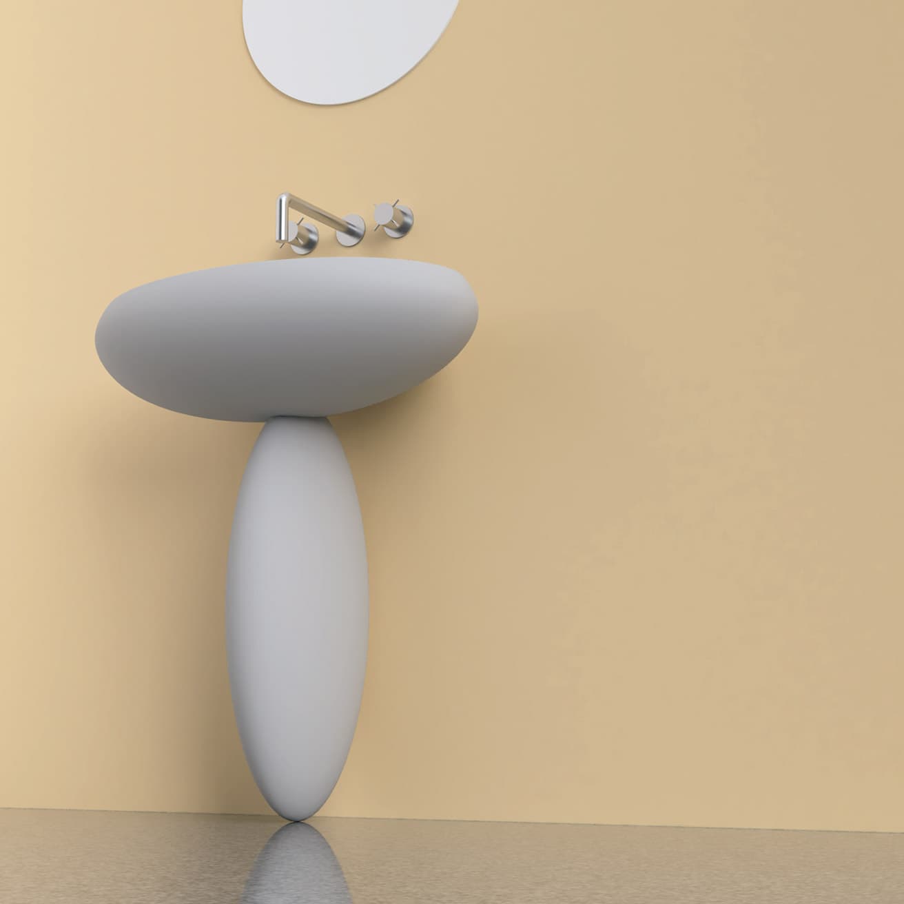 ボウルと排水管を覆う台座で構成し、空間に溶け込む製品をデザインした。住まいの中でオブジェのような存在感となる。