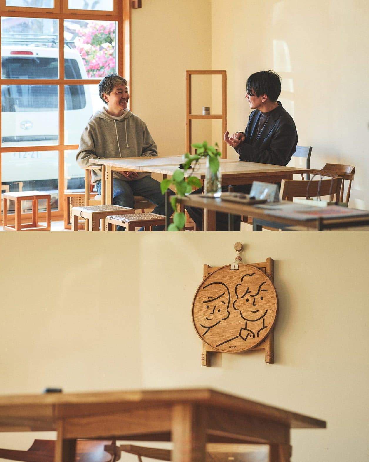 アートでありインテリア。京都〈平山日用品店〉のサイドテーブルに長場雄のアートワークが刻印された、特別な一台。