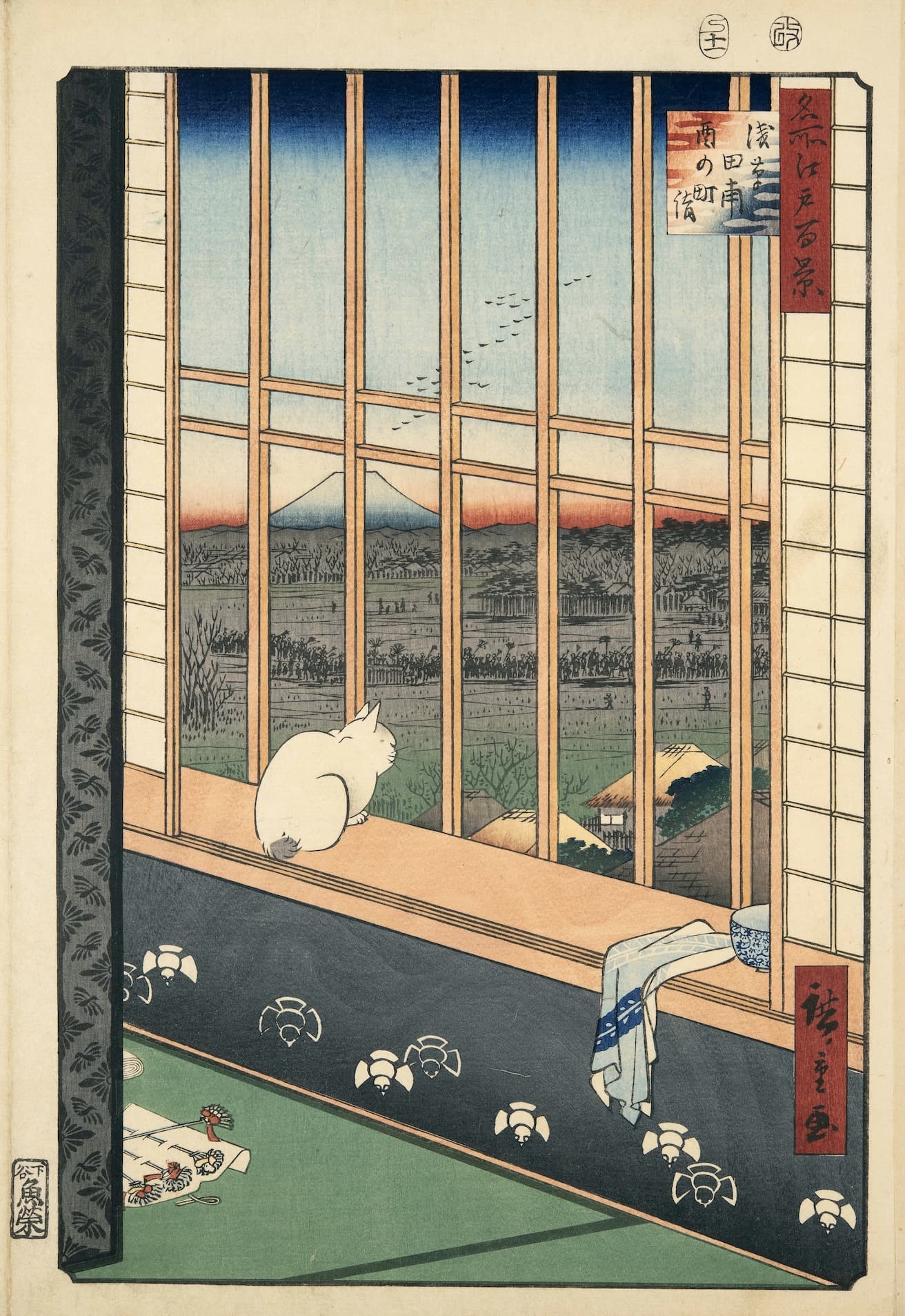 歌川広重「名所江戸百景 浅草田甫酉の町詣」（前期）。猫が丸まって吉原の遊郭の出窓から外を見ている。
